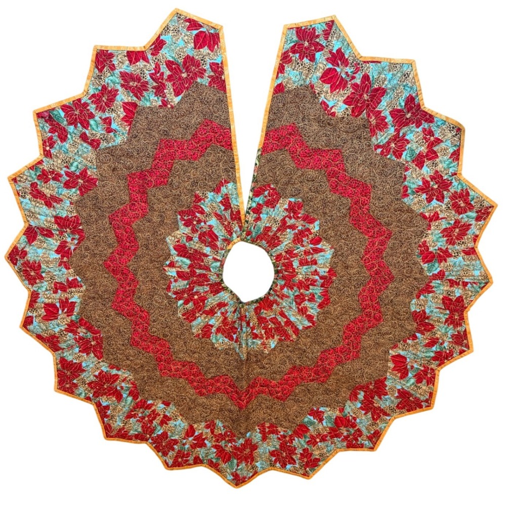 Quilted Christmas Tree Skirt Reversible Poinsettia Pine Cone Red Green